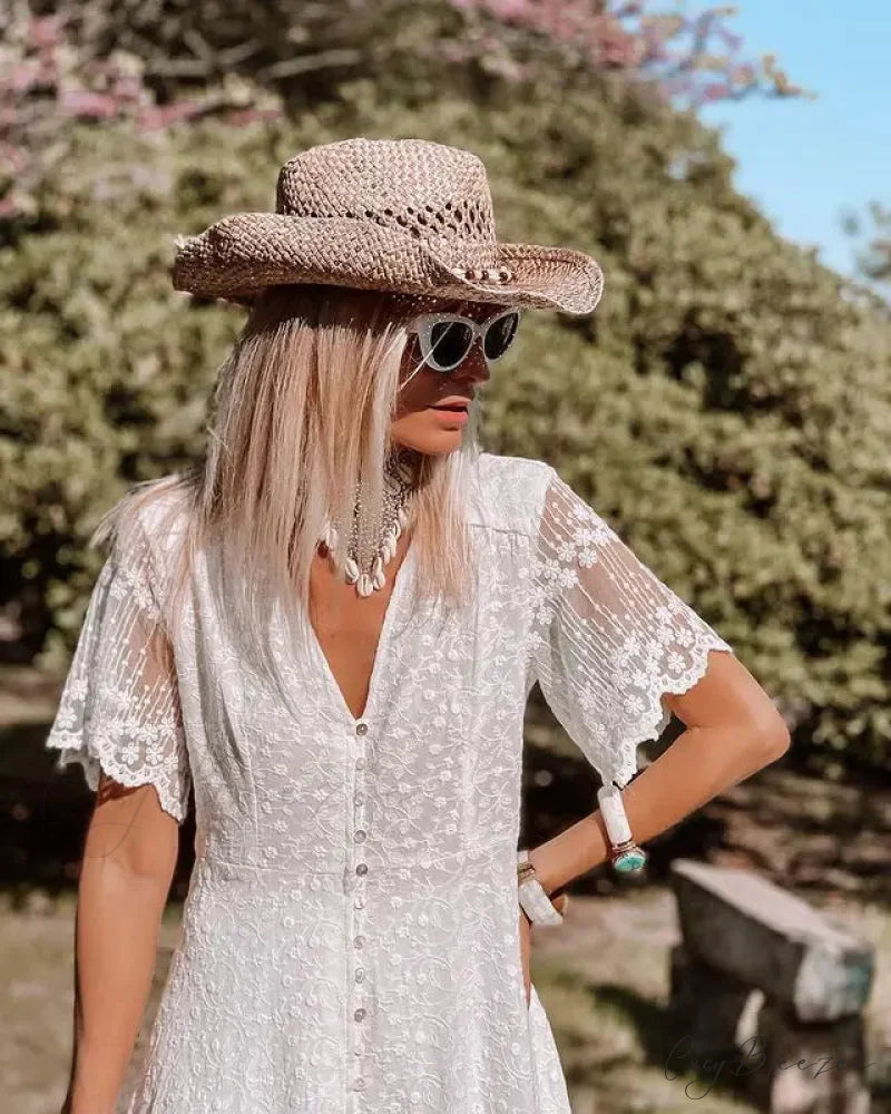 Boho Loose Summer Dress Vintage Deep V Floral Print bohodress-250126