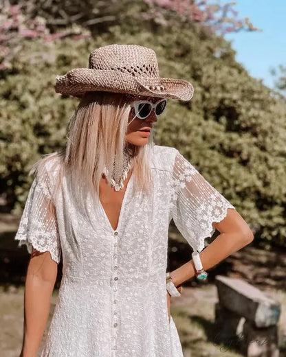 Boho Loose Summer Dress Vintage Deep V Floral Print bohodress-250126