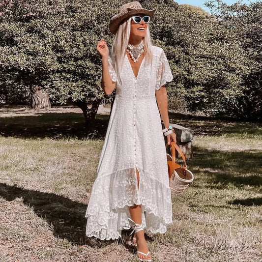 Boho Loose Summer Dress Vintage Deep V Floral Print bohodress-250126
