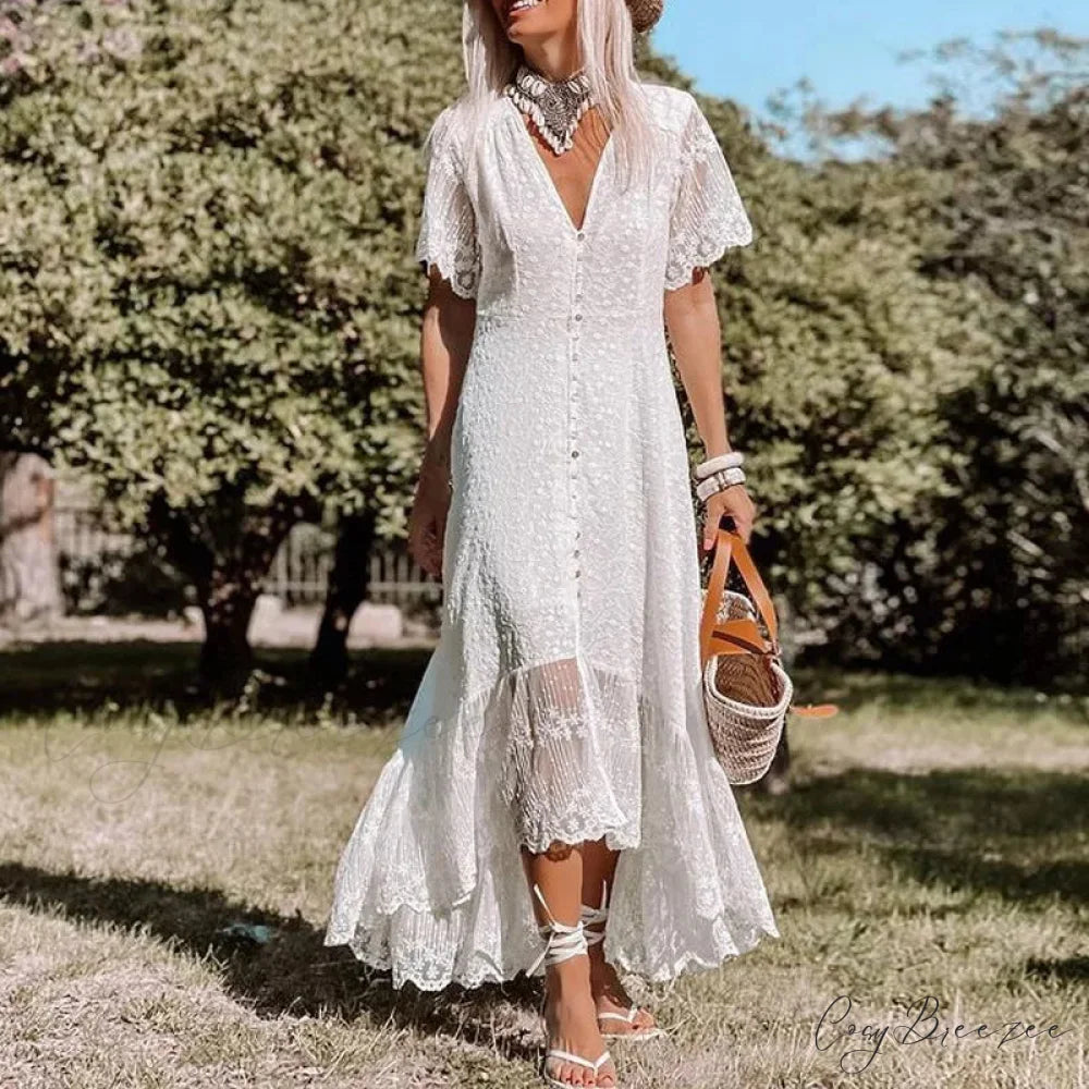 Boho Loose Summer Dress Vintage Deep V Floral Print bohodress-250126