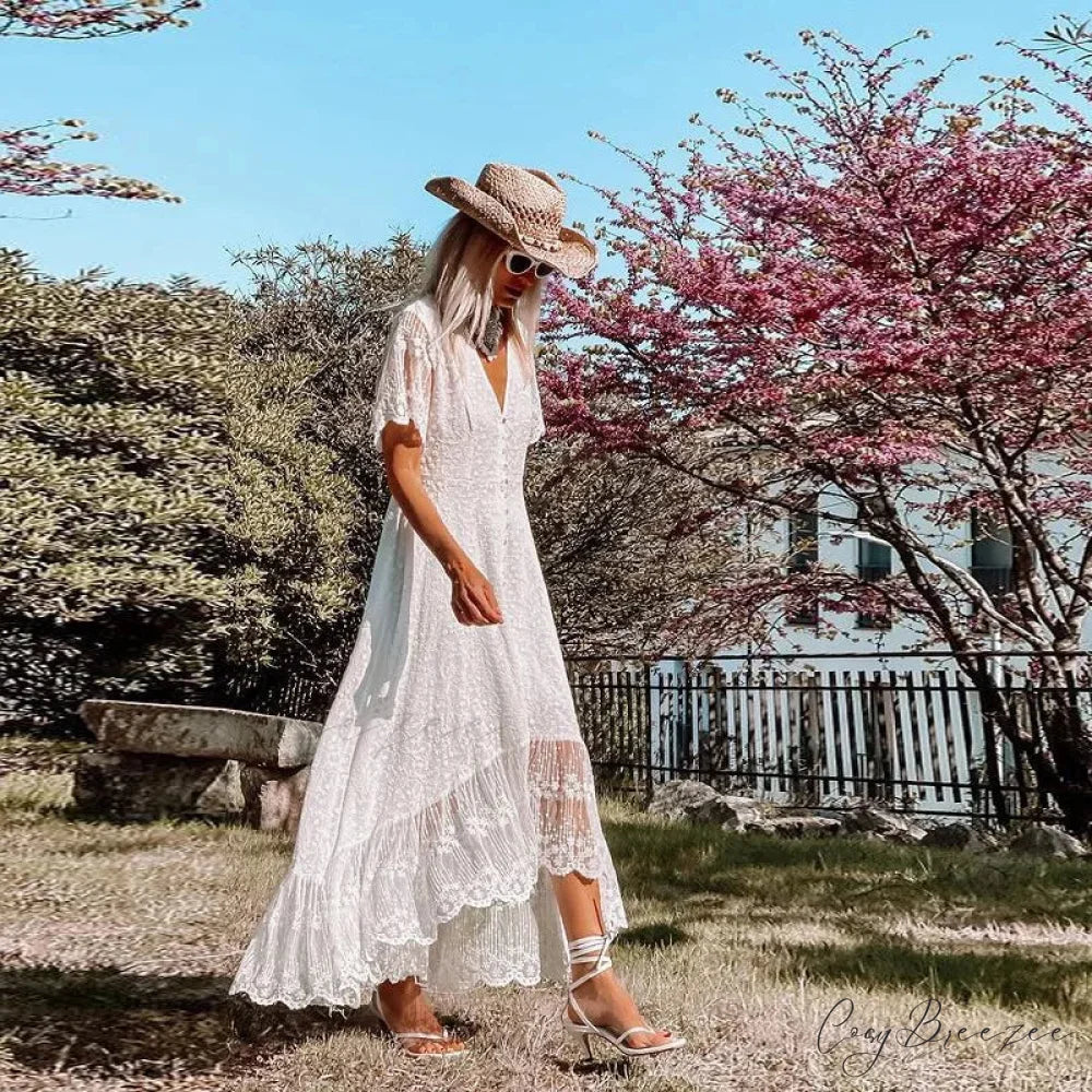 Boho Loose Summer Dress Vintage Deep V Floral Print bohodress-250126