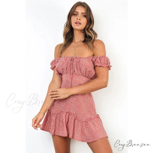Boho Off-Shoulder Floral Chiffon Beach Dress Pink / S floraldress-250126