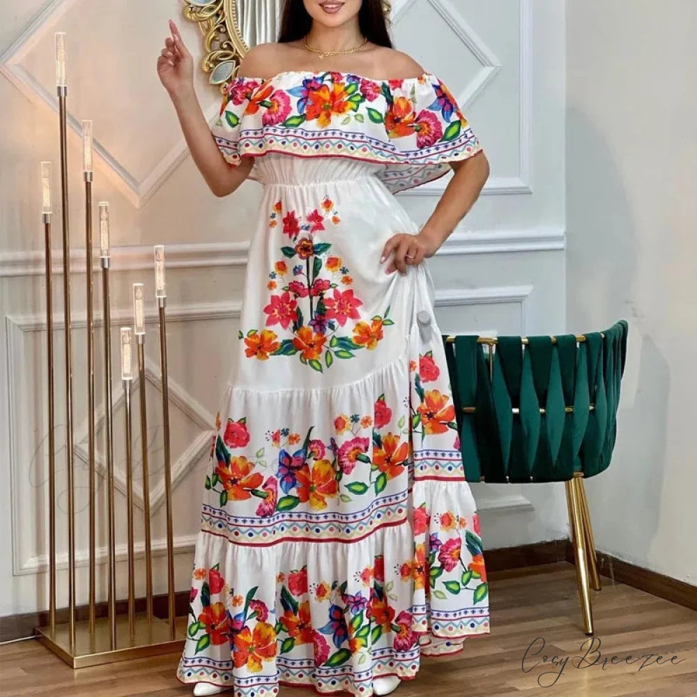 Boho Off-shoulder Frilled Floral Print Maxi Dress Red and white / S floraldress-250126