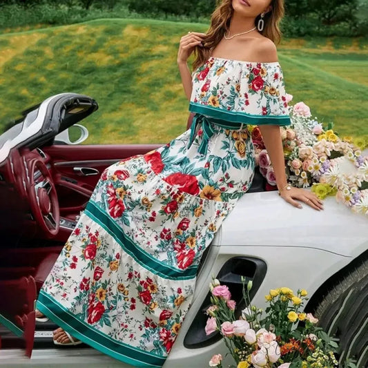 Boho Off-shoulder Frilled Floral Print Maxi Dress White green / S floraldress-250126