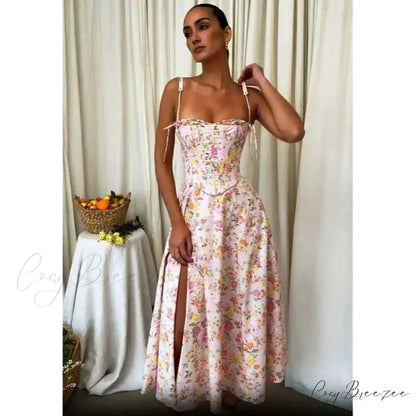 Boho Pink Floral Print Cotton Strapless Dress