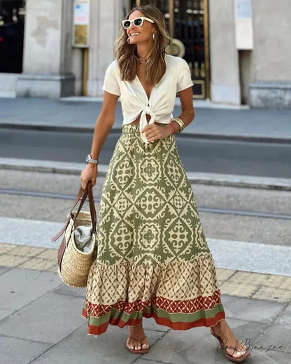 Boho Print High Waist Maxi Skirt Casual Loose Summer Skirt Green / S skirt-250126