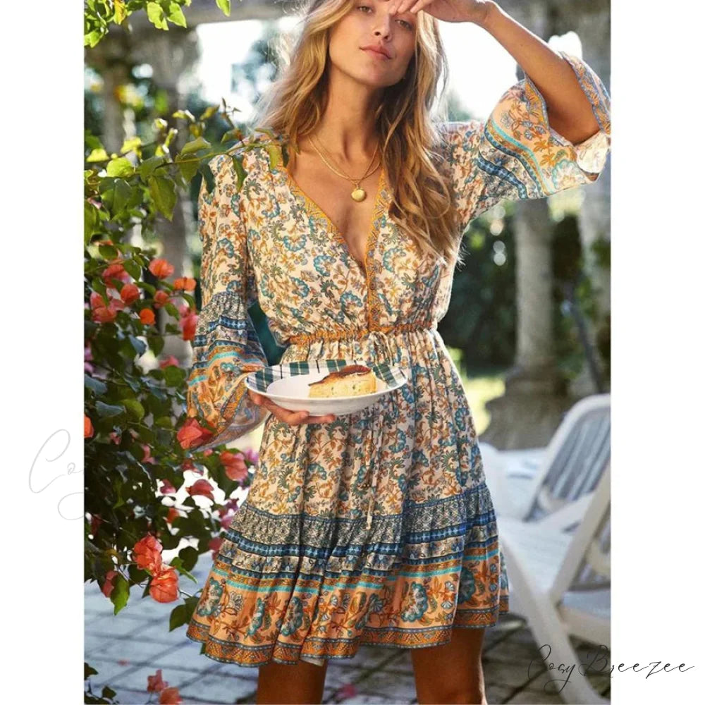 Boho Red Floral Print Mini Dress V-neck Short Summer Dress Blue / S bohodress-250126