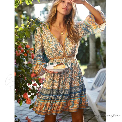 Boho Red Floral Print Mini Dress V-neck Short Summer Dress Blue / S bohodress-250126