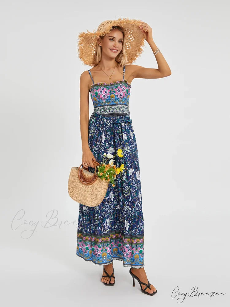 Boho Retro Floral Swing Spaghetti Straps Belted Long Dress floraldress-250126