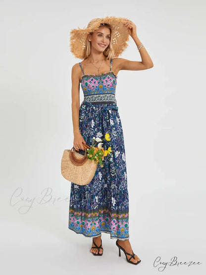 Boho Retro Floral Swing Spaghetti Straps Belted Long Dress floraldress-250126