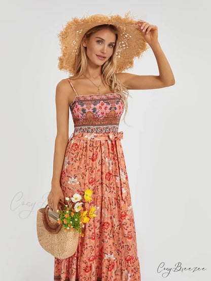 Boho Retro Floral Swing Spaghetti Straps Belted Long Dress floraldress-250126