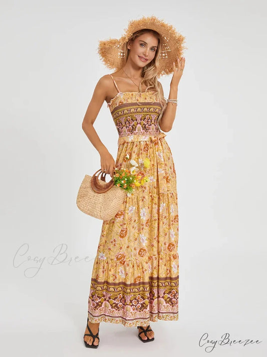 Boho Retro Floral Swing Spaghetti Straps Belted Long Dress floraldress-250126