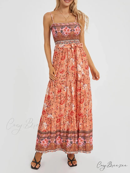 Boho Retro Floral Swing Spaghetti Straps Belted Long Dress Orange / S floraldress-250126