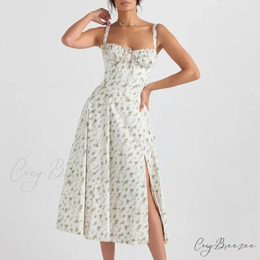 Boho Spaghetti Straps Tie Front Floral Dress Green Floral / S