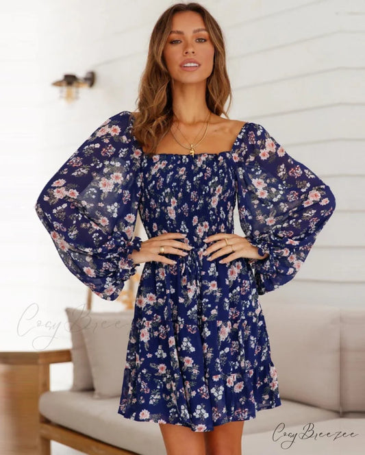 Boho Square Collar Short Dress Vintage Beach Dress with Long Lantern Sleeves S / BLUE