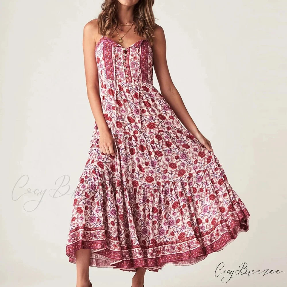 Boho Strap Dresses Gypsy Sleeveless Rayon Floral Print Maxi Dress bohodress-250126
