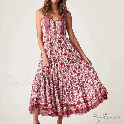 Boho Strap Dresses Gypsy Sleeveless Rayon Floral Print Maxi Dress bohodress-250126