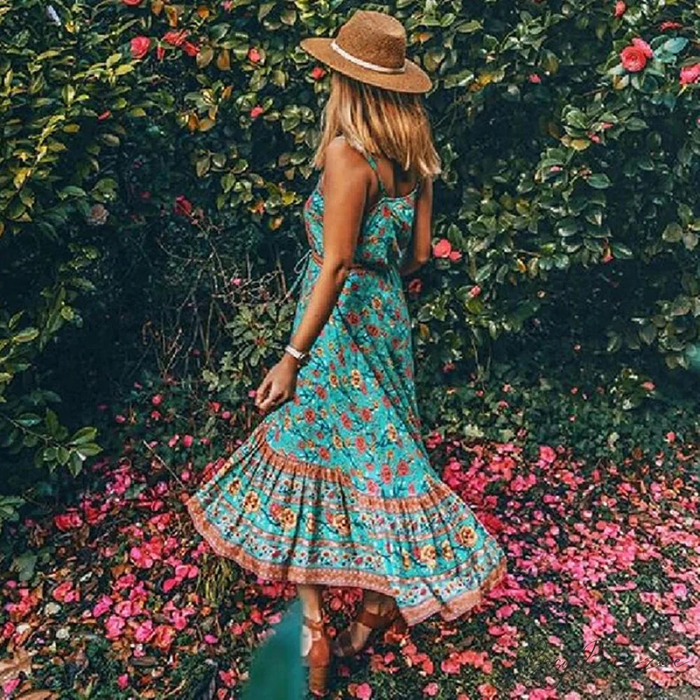 Boho Strap Dresses Gypsy Sleeveless Rayon Floral Print Maxi Dress GREEN / S bohodress-250126
