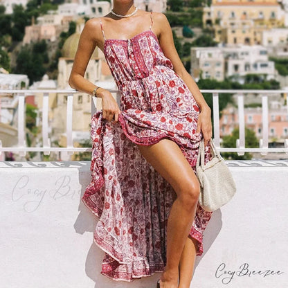 Boho Strap Dresses Gypsy Sleeveless Rayon Floral Print Maxi Dress RED / S bohodress-250126