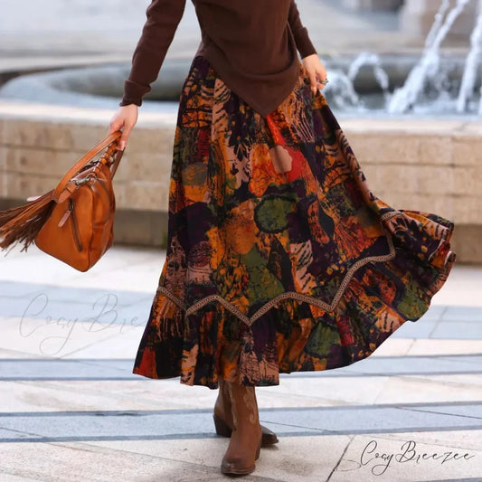 Boho Style Maxi Skirts Painting Printing Design Romantic Retro A-line Mixed color / M skirt-250126