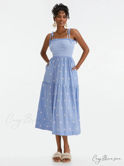 Boho Summer Flower Embroidery Tie-Up Shoulder Shirred A-Line Dress BLUE2 / S floraldress-250126