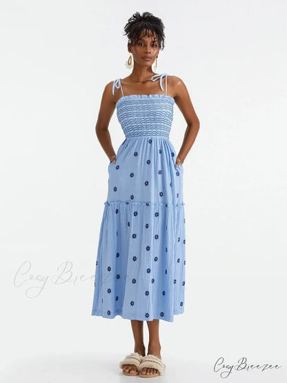 Boho Summer Flower Embroidery Tie-Up Shoulder Shirred A-Line Dress BLUE3 / S floraldress-250126
