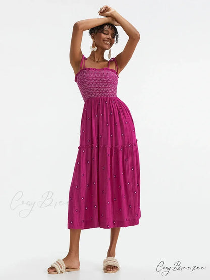 Boho Summer Flower Embroidery Tie-Up Shoulder Shirred A-Line Dress floraldress-250126