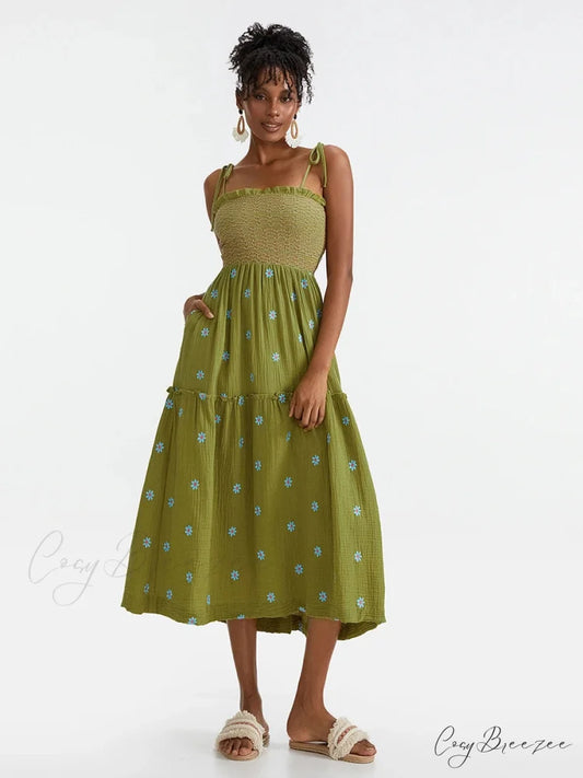 Boho Summer Flower Embroidery Tie-Up Shoulder Shirred A-Line Dress GREEN / S floraldress-250126
