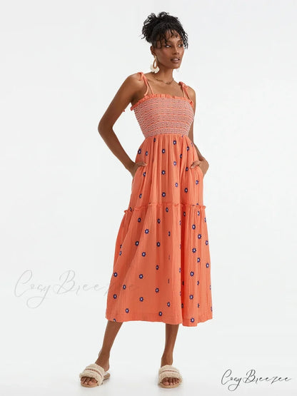 Boho Summer Flower Embroidery Tie-Up Shoulder Shirred A-Line Dress ORANGE / S floraldress-250126