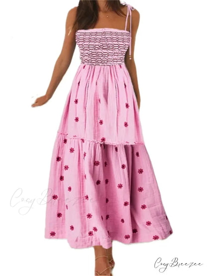 Boho Summer Flower Embroidery Tie-Up Shoulder Shirred A-Line Dress PINK2 / S floraldress-250126