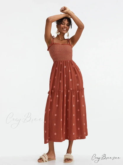 Boho Summer Flower Embroidery Tie-Up Shoulder Shirred A-Line Dress RED2 / S floraldress-250126