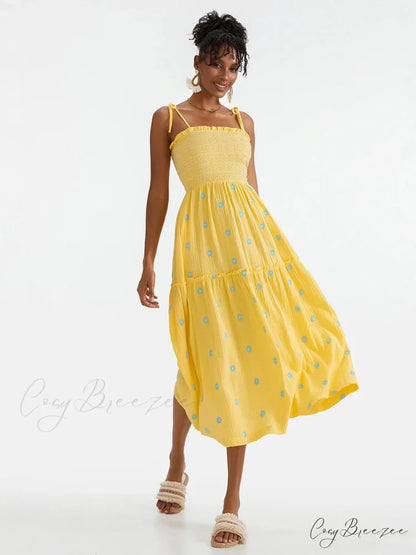 Boho Summer Flower Embroidery Tie-Up Shoulder Shirred A-Line Dress YELLOW / S floraldress-250126