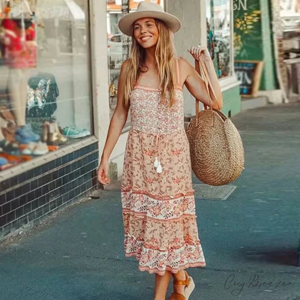 Boho Sundress Sexy Sleeveless Strap Rayon Floral Beach Dress bohodress-250126