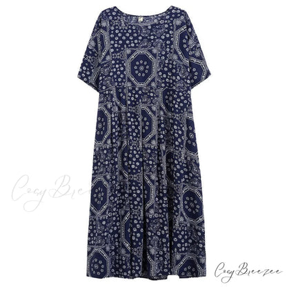 Boho Swing House Dress with Pockets in Blue Print