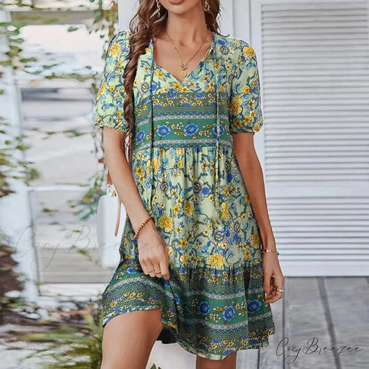 Boho Tie-up V Neck Floral Print Loose Dress Green / M oldfloraldress-250126