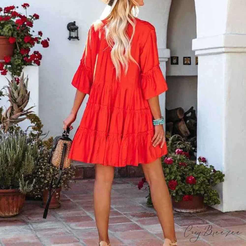 Boho Tunic Beach Wear Loose Cover-Up for Women Vintage V-neck Mini Summer Dress bohodress-250126