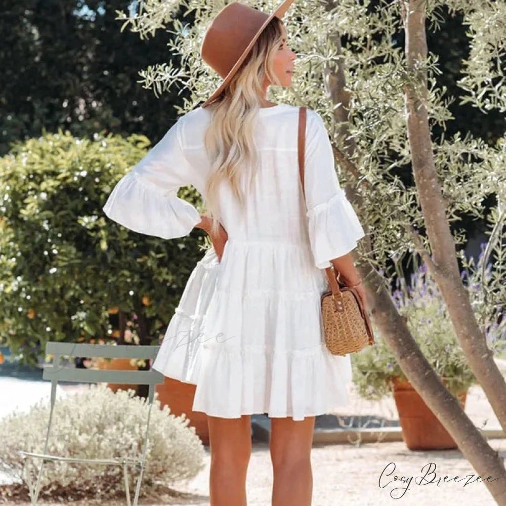 Boho Tunic Beach Wear Loose Cover-Up for Women Vintage V-neck Mini Summer Dress bohodress-250126