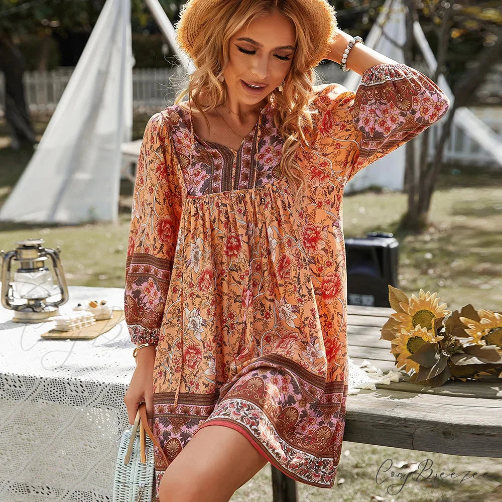 Boho Vintage Floral Print Sundress Orange / S bohodress-250126