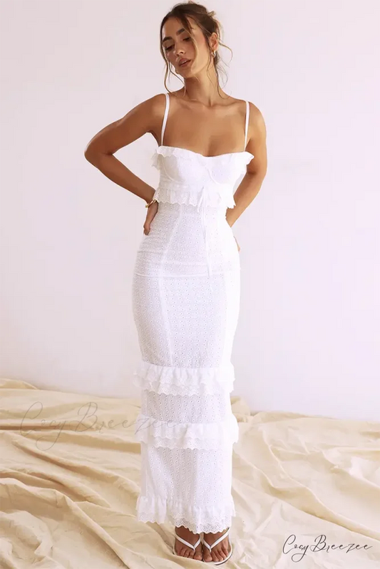 Boston White Eyelet Trendy Embroidery Maxi Dress White / XS