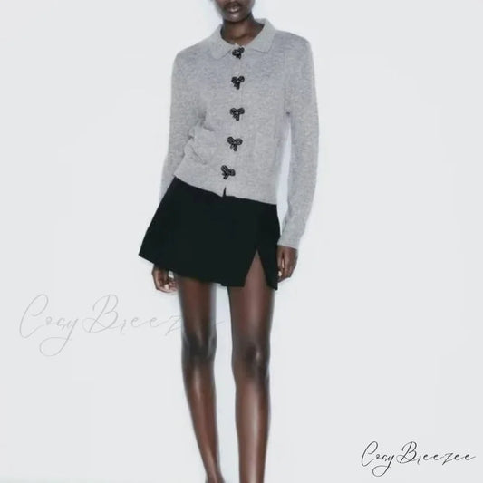 Bow Button Lapel Cardigan Grey / S