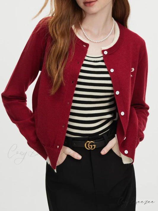 Bow Contrast Color Stitching Cardigan Red / XS
