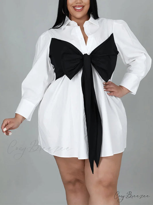 Bow Embellish Cutout Trendy Black Mini Dress White / L