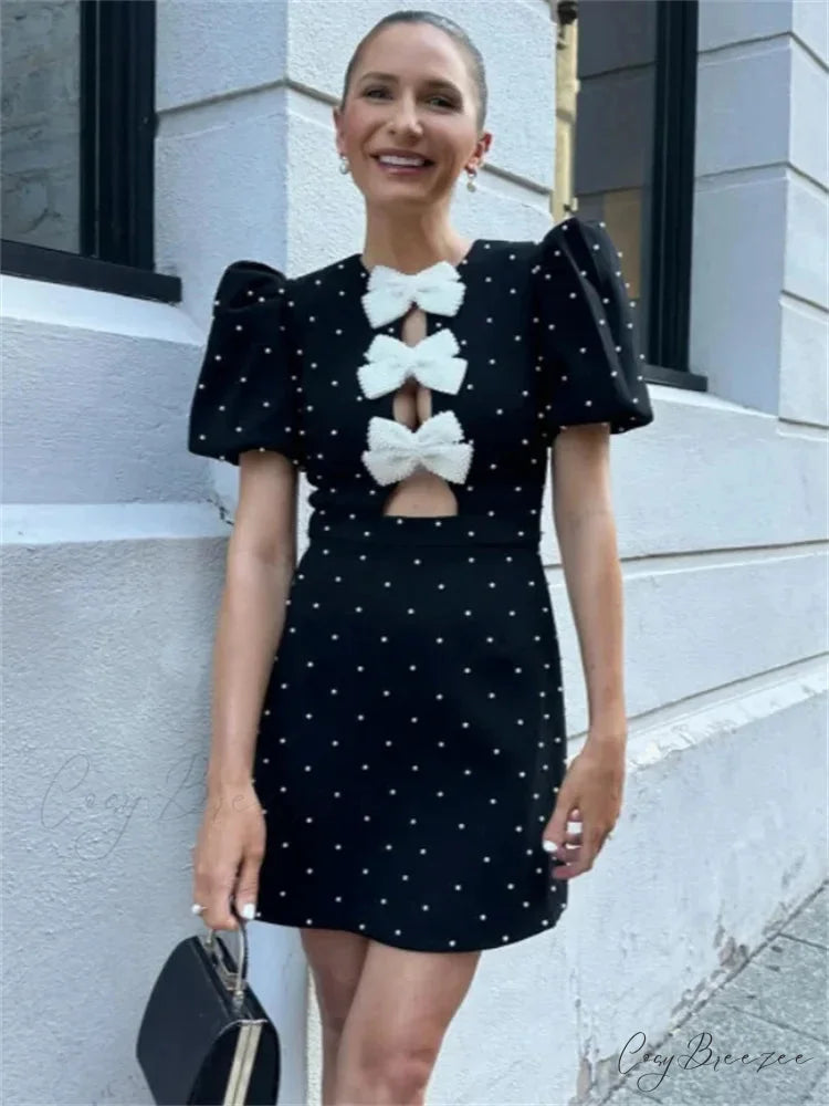 Bow Hollow-Out Patchwork Mini Dress minidress-250223