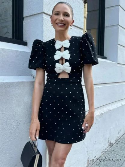 Bow Hollow-Out Patchwork Mini Dress minidress-250223