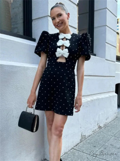 Bow Hollow-Out Patchwork Mini Dress minidress-250223