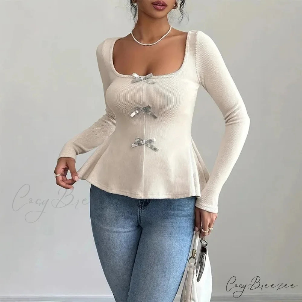 Bow Knit Casual Long Sleeve Ruffled Pullover Slim Knit Top knittop-250126