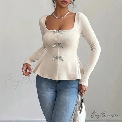 Bow Knit Casual Long Sleeve Ruffled Pullover Slim Knit Top knittop-250126