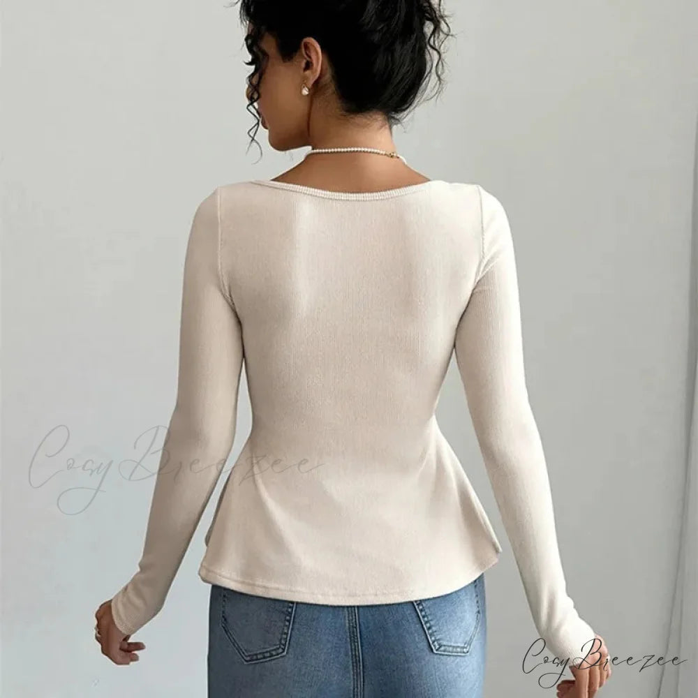 Bow Knit Casual Long Sleeve Ruffled Pullover Slim Knit Top knittop-250126