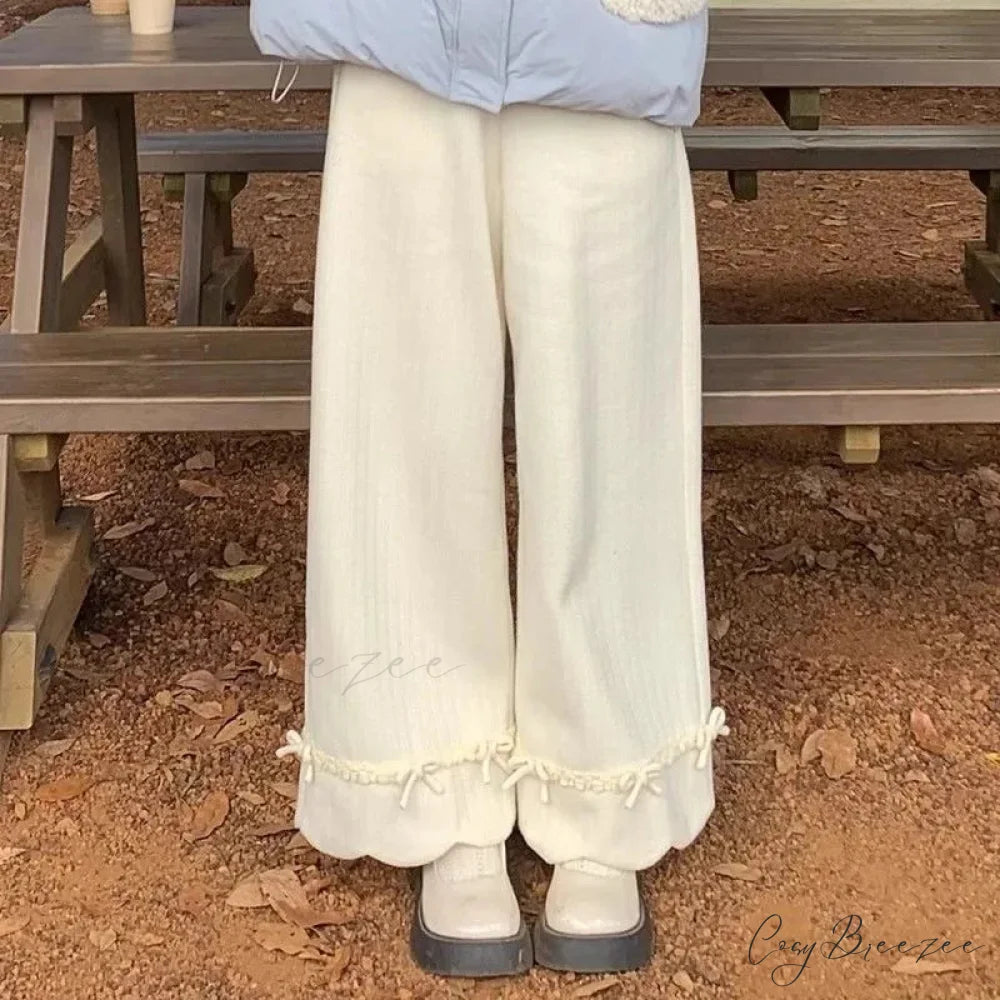 Bow Lace Corduroy Wide Leg Pants pants-241228