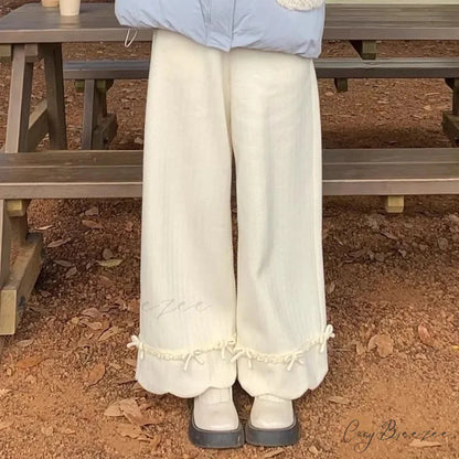 Bow Lace Corduroy Wide Leg Pants pants-241228